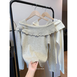 Ankela Red Christmas Flower One Shoulder Knitted Base Layer Womens Autumn Winter Fashionable Sweater Shoulder Exposure Long Sleeve Top