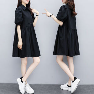 Summer 2024 plus Size Womens Dress Belly Covering A-Line Loose Slimming Lantern Sleeve Womens Korean Style Commute Short Sleeve Midi Skirt