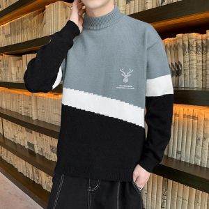 ROMON | Lomond Mens Thickened Winter Sweater Half High Collar Casual Loose Knitted Wear PU Material Fashion Urban Style Long Sleeve