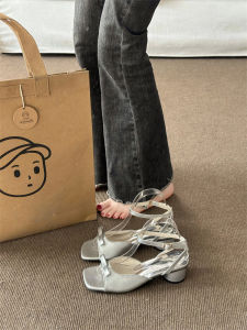 Giày Cao Gót Đế Dày Cho Nữ Mùa Hè 2025 Giày Cao Gót Kiểu Pháp Phong Cách Mới Giày Cao Gót Màu Bạc Có Nơ Thắt Nút Đầu Vuông Hở Ngón