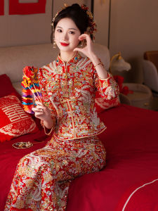 ชุดแต่งงานแบบฉู่ฟู ชุดแต่งงานสไตล์โบราณ แขนยาว ผ้าอื่นๆ ปักลายพีระ ทรงหลวม กระโปรงยาวคลุมเข่า ชุดแต่งงานฤดูใบไม้ร่วง