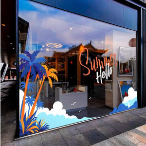 Summer Beach Coconut Tree Glass Door Decor Stickers Fashion Shop Window Atmosphere Arrangement Static Electricity No Glue PVC Wall Decals