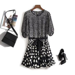 Romantic French Style Sweet Young Looking Polka Dot Print Lantern Sleeve Waist Cinched Shawl Collar Midi Skirt A-Line Dress Women