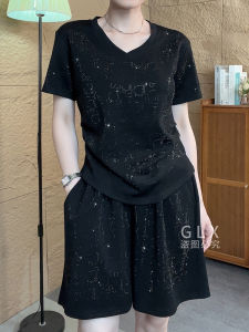 ฤดูร้อน 2024 แฟชั่นเพชรแขนสั้น พลัสไซส์ ชุดสองชิ้นสูง เอว พรางหุ่น เสื้อท่อนบน กางเกงชุดสําหรับ พลัสไซส์ ผู้หญิง