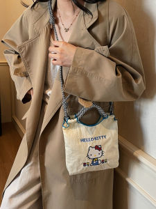 Cute Cartoon KT Cat Canvas Tote Bag Womens New 2025 Handbag Water Bucket Single Shoulder Slant Cross Tote Bag Embroidery Small Bag