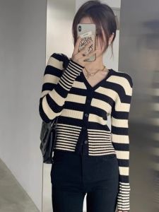 Womens Slim Fit V-neck Knitted Base Shirt Autumn Winter Design Sense Waist-cinching Short Style Inner Wear Top