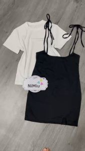 Sét yếm nữ thời trang mặc đi chơi chất cotton dày hai dây thắt nơ ôm éo váy chữ A xẻ trước kèm áo thun cổ tròn tay ngắn xinh xắn