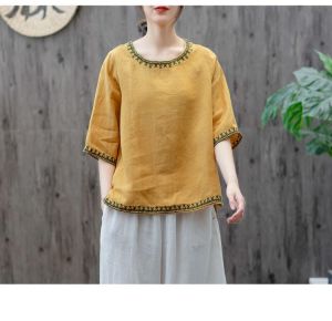 Retro Cotton Linen Loose Five-Quarter Sleeve Embroidered round Neck T-Shirt Womens plus Size Korean Style Summer Top