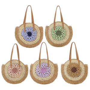 【HOSPORT】Round Casual Tote Bag with Color Collision Vacation Bag Large Woven Beach Bag Holiday Travel Handbag for Women and Girls【1-3 days delivery】