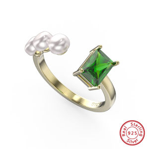 Kemstone S925 Sterling Silver Natural Freshwater Pearls Ring 14K Gold Plated Green 4A Zircon Silver Open Ring for Womens Jewelry Gift