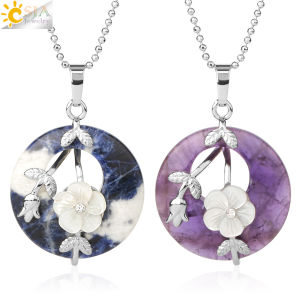 CSJA Womens Trendy Natural Stone Round Pendants Necklace Healing Crystal Silver-Color Carved Flower Leaf Turquoise Jewelry G385