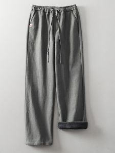 Mens Autumn Winter Thickened Fleece Lined Straight Leg Harem Pants Loose Cotton Linen Casual Trousers Large Size Long Trousers