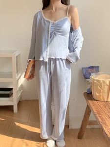 Đồ Ngủ Nữ Mùa Xuân Có Đệm Ngực Áo Khoác Cardigan Quần Dài Hai Dây Gợi Cảm Bộ Ba Món Đồ Mặc Nhà Có Thể Mặc Ngoài