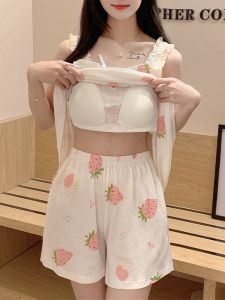 Summer Cotton Sleepwear Womens Strap Vest Shorts Home Clothes Sweet Girl Two-Piece Set Thin Pure Cotton Home Clothes
