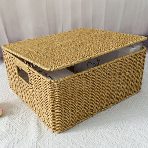 Rattan Woven Outdoor Storage Basket Wardrobe Organizer Bedroom Clothes Sorting Box Covered Lid Household Plastic Storage Bin