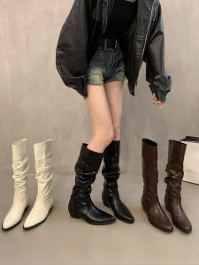 Womens Long Knight Boots Autumn Winter New Pointed Toe Thick Heel Inner Heightening over Knee Leather Version Fashion Boots