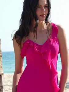 Spring and Summer New Pink V-Neck Ruffled Fitted Dress