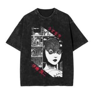 เสื้อยืดลายการ์ตูนญี่ปุ่นสไตล์วินเทจ ล้างสีแล้ว ทรงโอเวอร์ไซส์ ผ้าฝ้ายคุณภาพสูง แขนสั้น เสื้อยืดลำลอง สำหรับผู้ชายและผู้หญิง