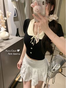 French Doll Collar Bubble Short Sleeve Knitted Top Womens Summer Fashionable Elegant Short Style Beautiful Small T-shirt