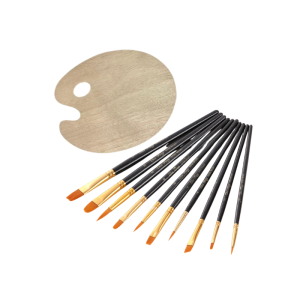 10Pcs Colorful Plastic Brushes & Wooden Palette Set Acrylic Watercolor Oil Painting Kit for Beginners