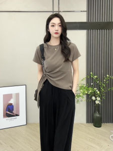 Casual Summer Outfit Womens Fashion Set New 2025 Irregular Waist-Cinching Short Sleeve T-Shirt Draped Straight Leg Pants Two-Piece Set