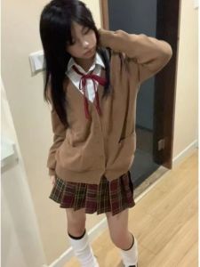 JK Uniform Autumn and Winter Skirt Genuine Set Original Hawthorn Tree Plaid Skirt Brown Knitting Sweater Cardigan Coat Womens Full Set
