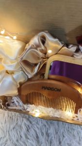 ENGRAVED NAME in WOODEN COMB with WOODEN MIRROR FREE 2 PCS SCRUNCHIES with boxribbon and tag COMPLETE GIFT SET
