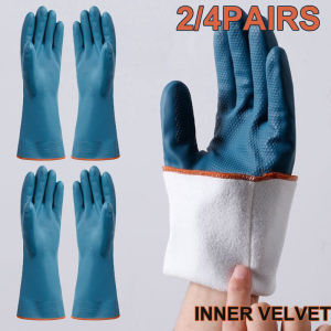 2/4 Pairs Waterproof Gloves with Fleece Thicked Cleaning Gloves Household Bathroom Kitchen Hands Protection Gloves Cleaning Tool