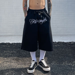 กางเกงขาสั้นชายทรงหลวมสไตล์อเมริกันฝั่งตะวันตกปักลาย กางเกงขายาวห้าส่วนสำหรับฤดูร้อน กางเกงขายาวทรงตรงสำหรับผู้ชาย สไตล์ย้อนยุค