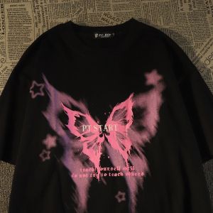 Pure Cotton American Retro High Street Pink Butterfly Short Sleeve T-Shirt Men and Women Summer Loose Couple Trendy Brand Ins Tops