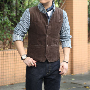 2024 Autumn and Winter American Retro Collarless Corduroy Vest Vest Men Inner Wear Bandage Dress British Waistcoat Vest
