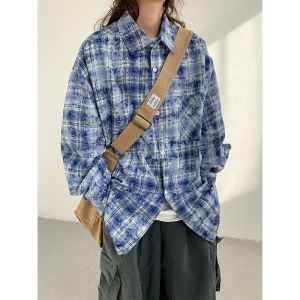 Gray Plaid Long Sleeves Shirt Men Spring and Autumn Niche Design Casual Outwear Couple Spring Trendy New Arrival Shirt