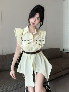 GUZILIAN | Summer Unique Beautiful Yellow Sleeveless Polo Neck Shirt Womens Irregular Shoulder Pad Top With Belt Waist In Korean Style