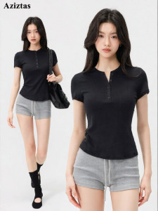 aziztas | Henry Neck Button Yoga Wear Moisture Wicking Elastic T-Shirt