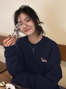 Womens Hoodless round Neck Sweatshirt Autumn Winter Thickened Fleece American Retro Trendy Brand High-End Feeling Top