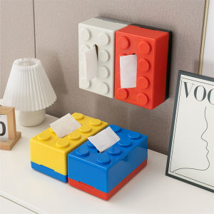 Double Color Building Block Tissue Box with Spring Wall Mounted Tissue Holder for Bathroom Kitchen Home Tissue Case Organizers
