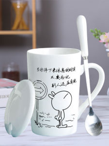 แก้วกาแฟเซรามิก แก้วมักกะโรนี แก้วน้ำ แก้วนม พร้อมฝาปิดและช้อน ดีไซน์การ์ตูน สำหรับใช้ในออฟฟิศ ของขวัญ