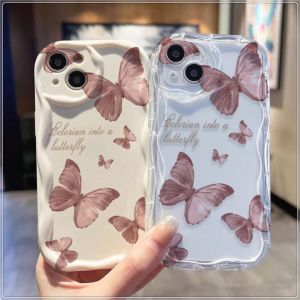 Pink Butterfly Compatible for IPhone 15 Plus 11 14 13 12 15 Pro Max XR X XS Max 15 7Plus 8plus Wavy Curved Edge