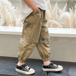 Spring Summer Lightweight Pure Cotton Loose Fit Long Pants for Boys Mid-Term Children Casual Sporty Versatile Fashionable