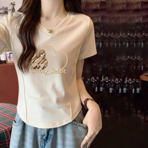 Pure Cotton V-Neck Short Sleeve T-Shirt Womens Summer New Design Sensation Waist Inward Irregular Fishbone Top