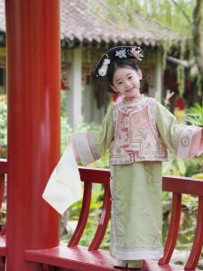 Girls Cheongsam Dress Set Jacket Embroidered Outfit Qing Dynasty Style Childrens Hanfu Costume Toddler Girls Traditional Clothing