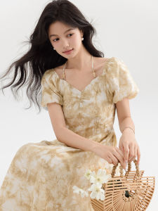 Summer Retro Belted Neck Hanging Dyed Short Sleeve Womens Dress High Waist Tea Break Long Skirt Fashionable Crumpled Bodycon