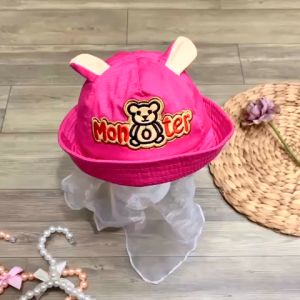 Nón tai bèo bé gái vành rộng kèm khăn che bụi nắng màu hồng thêu hình chuột đáng yêu LADISO - NN32