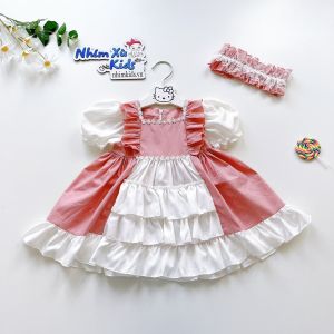 Váy Lolita bèo hồng bé gái 4 đến 17kg Đầm bé gái chất lụa nến mềm mát V504