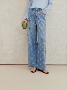 INMAN | Cotton Flower Print Embroidery Wide Leg Jeans