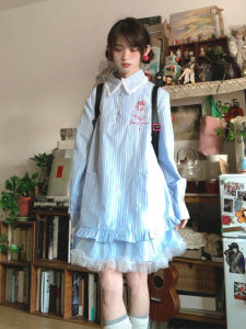 Váy Sơ Mi Kẻ Sọc Xanh Dài Tay Phong Cách Hàn Quốc Họa Tiết Hoa Ren Váy Hai Mảnh Váy Chữ A Mùa Xuân Polyester 100%