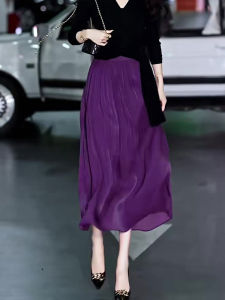 Purple High Waist A-Line Skirt Womens Spring Summer New Style Slimming Fashion Loose Versatile Pleated Skirt Commute Style