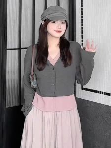 plus Size Knitted V-Neck Long Sleeve Top Inner Wear Conceal Meat Slimming Base Shirt Small Upper Body Autumn New Style Commute Style