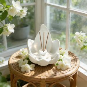 Lọ Đốt Trầm Hương Sen Sáng Tạo Bằng Nhựa Resin Trang Trí Tạo Hương Thơm Làm Sạch Không Khí Thư Giãn Dành Cho Người Yêu Thích Yoga & Thiền Kèm Giá Đỡ Tinh Dầu.