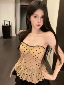GUZILIAN | Korean Style Polka Dot Mesh Design Slimming Tube Top And Umbrella Skirt Set Spring Autumn New Arrival Pure Desire Two Piece Set